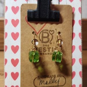 Green and Gold Present With Bow Gemstone Dangle Drop Leverback Earrings